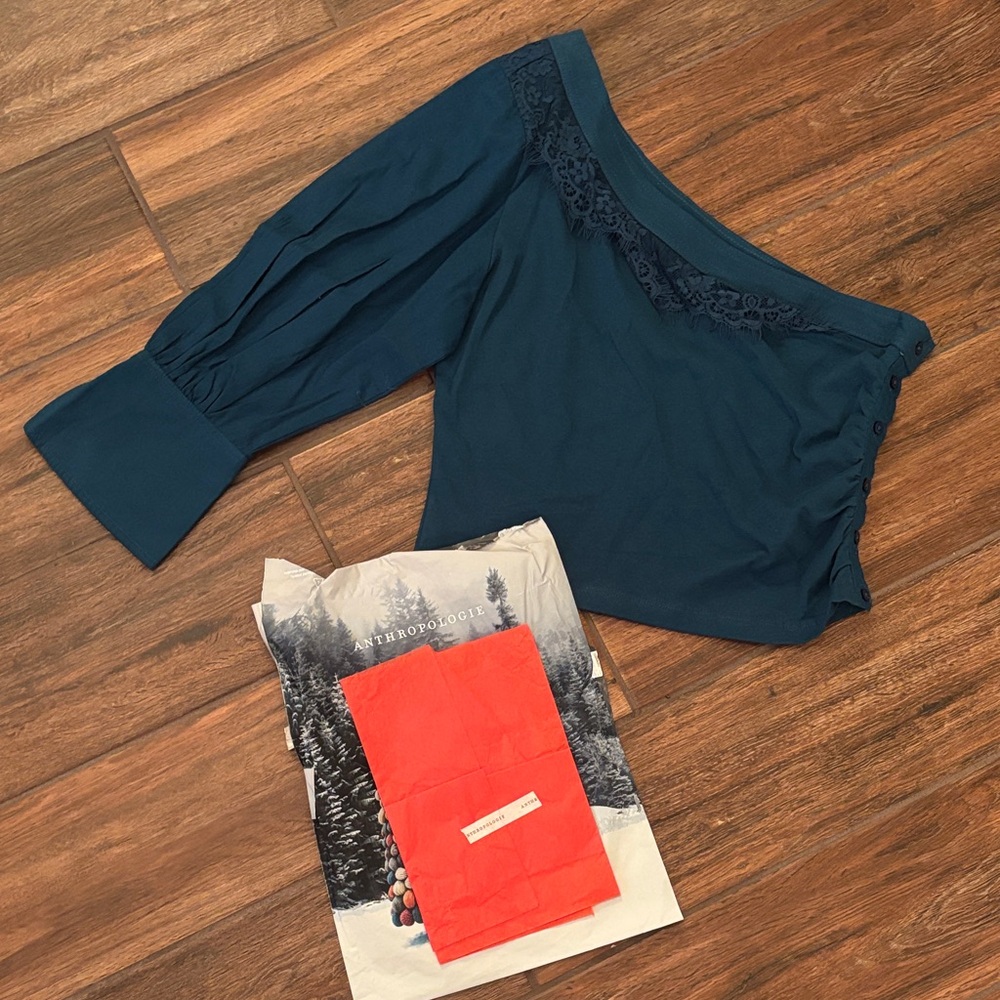 NWT Anthropologie One-Shoulder Lace-Trimmed Puff-Sleeve Top